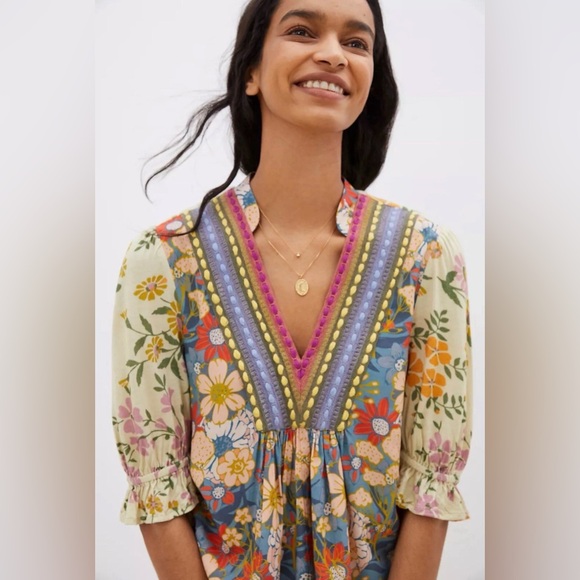 Anthro Bl-nk London Stephanie Floral Boho Blouse V-Neck M - Picture 2 of 11